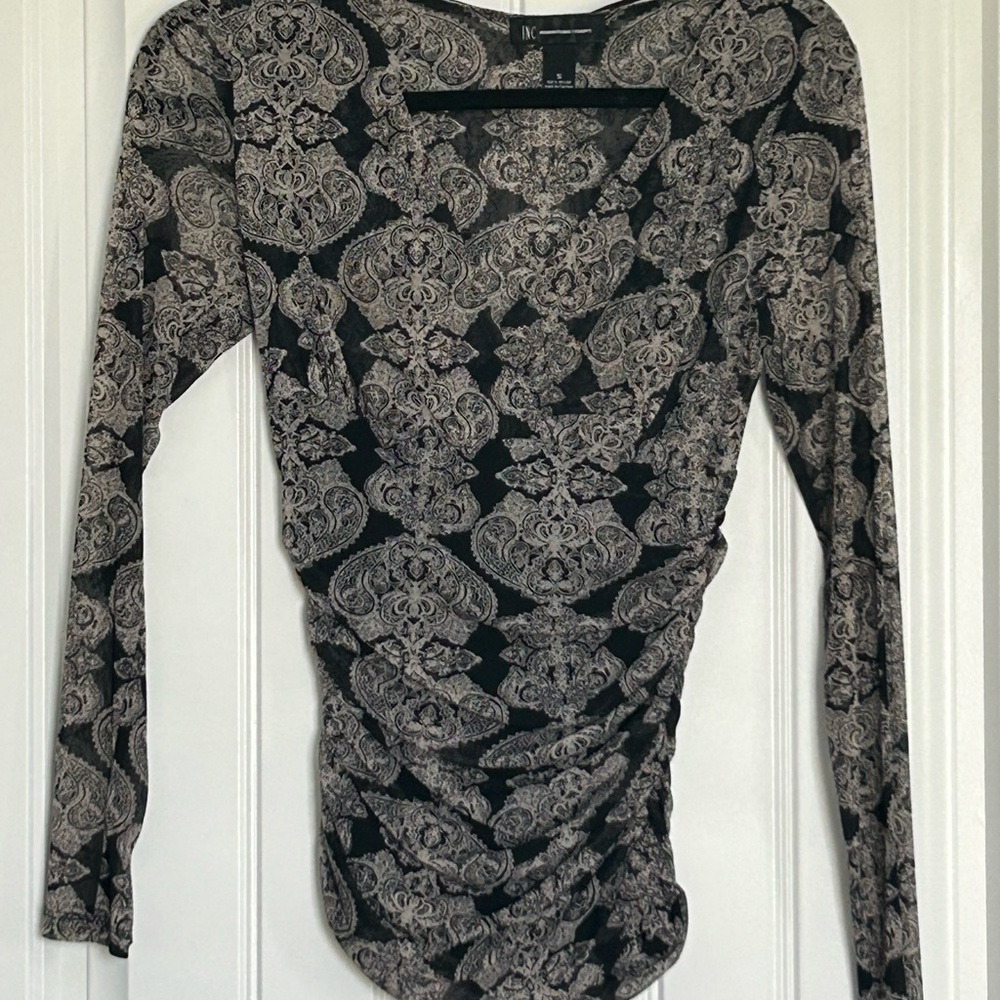 INC International Concepts Black and Cream Paisley Ruched Sides